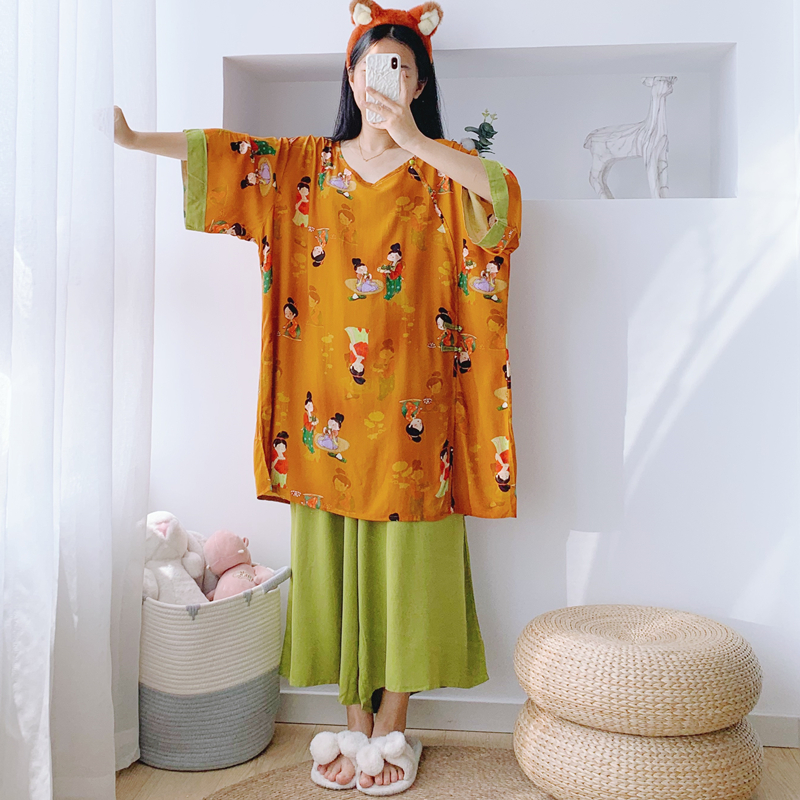 加长大码国风棉绸睡衣套装