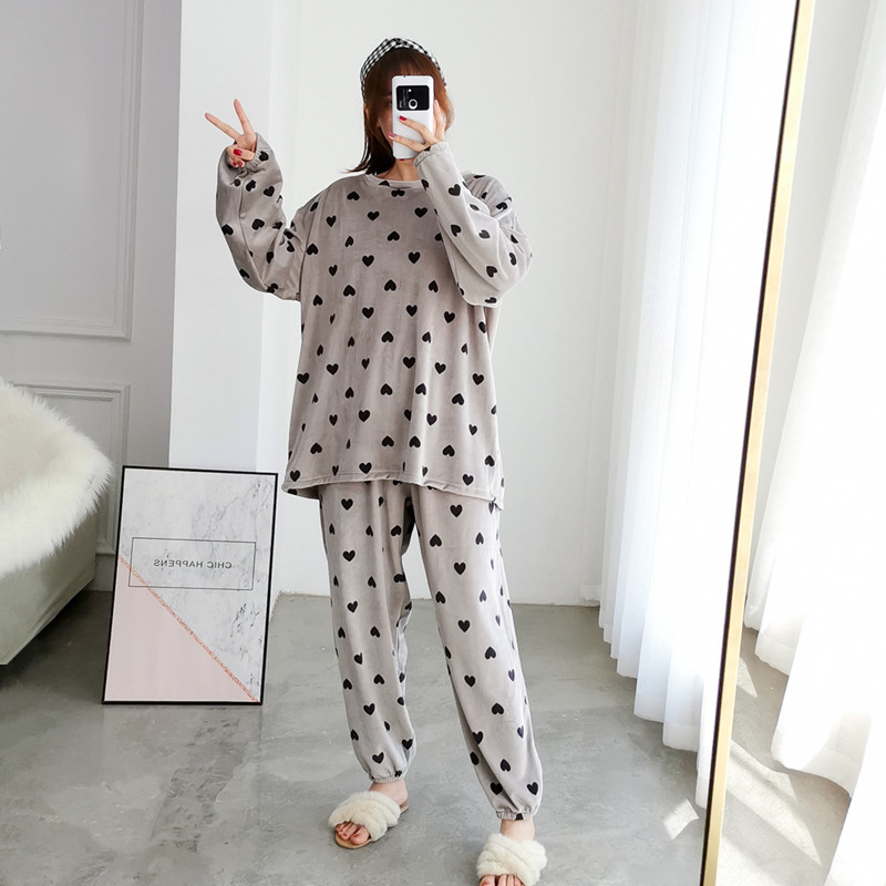 秋冬爱心珊瑚绒睡衣女两件套加大码可爱孕妇胖mm200斤加绒家居服