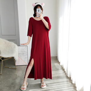 莫代尔加长开叉裙夏季短袖加肥大码胖MM200斤孕妇宽松家居服睡衣