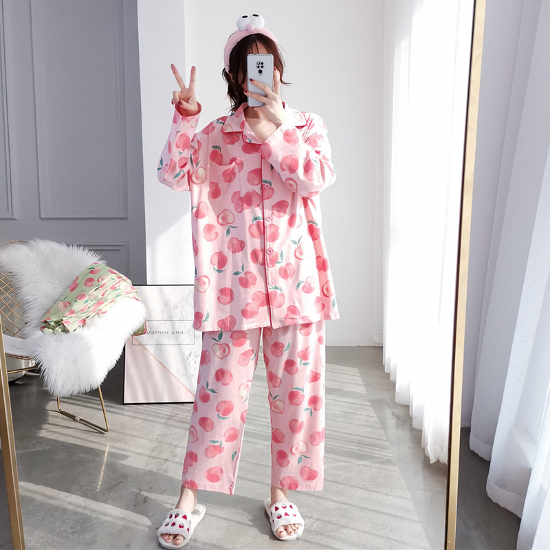 针织棉水蜜桃春秋长袖胖MM家居服