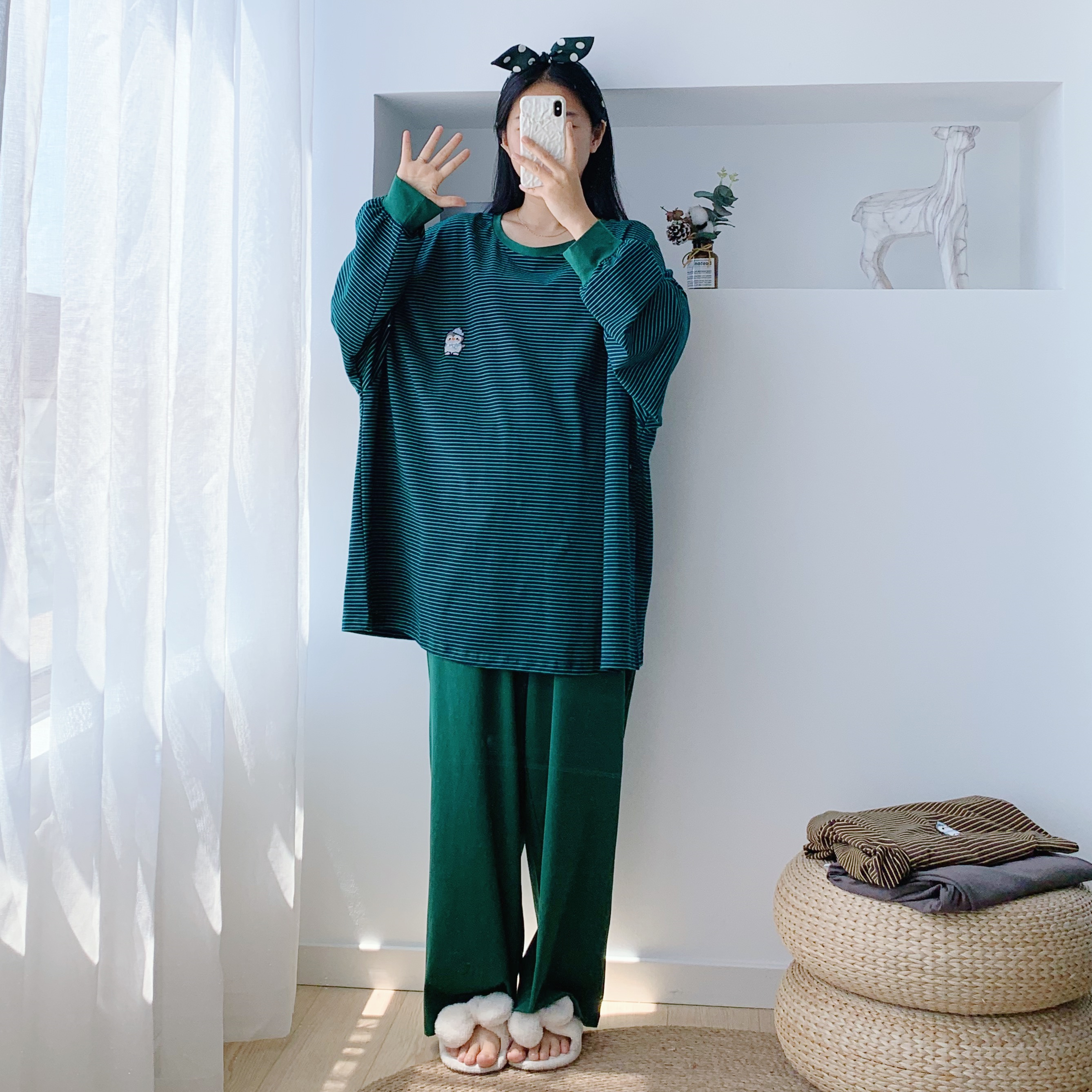 简约条纹纯棉加大码睡衣套装