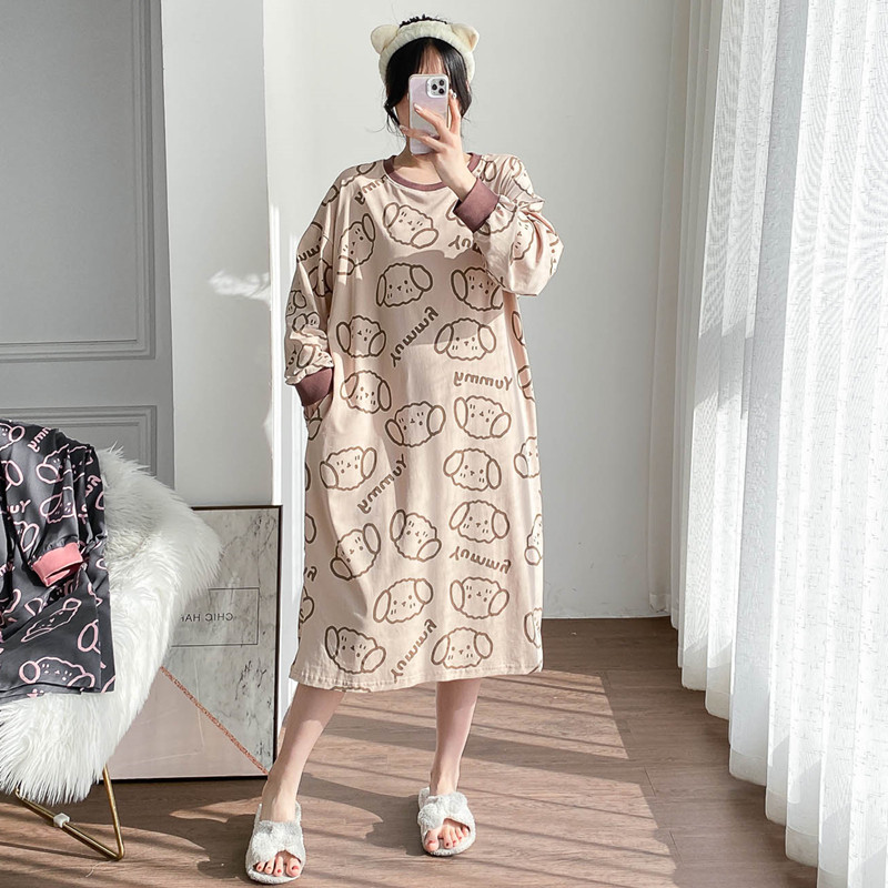 小熊针织棉加长睡裙长袖加肥大码200斤胖MM孕妇宽松连衣裙睡衣女