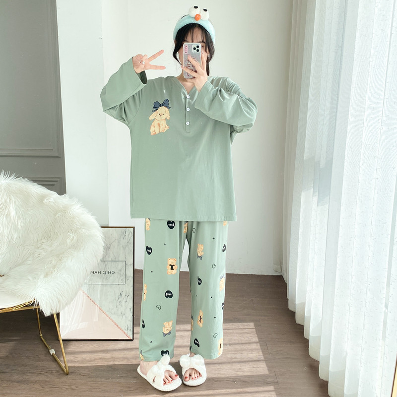 卡通V领开衫针织棉睡衣男女长袖长裤加肥大码胖mm200斤宽松家居服