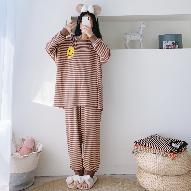 女针织棉条纹家居服睡衣