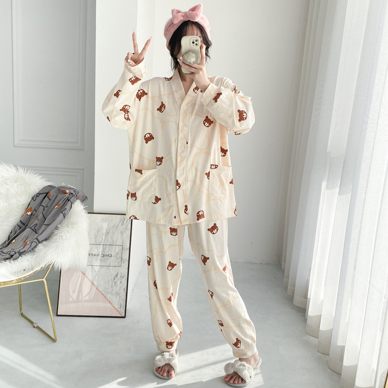 小熊开衫加大码针织棉长袖长裤睡衣女宽松两件套胖MM200斤家居服