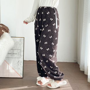 高腰托腹糯米绒睡裤女冬加厚大码胖MM200斤宽松孕妇保暖家居长裤