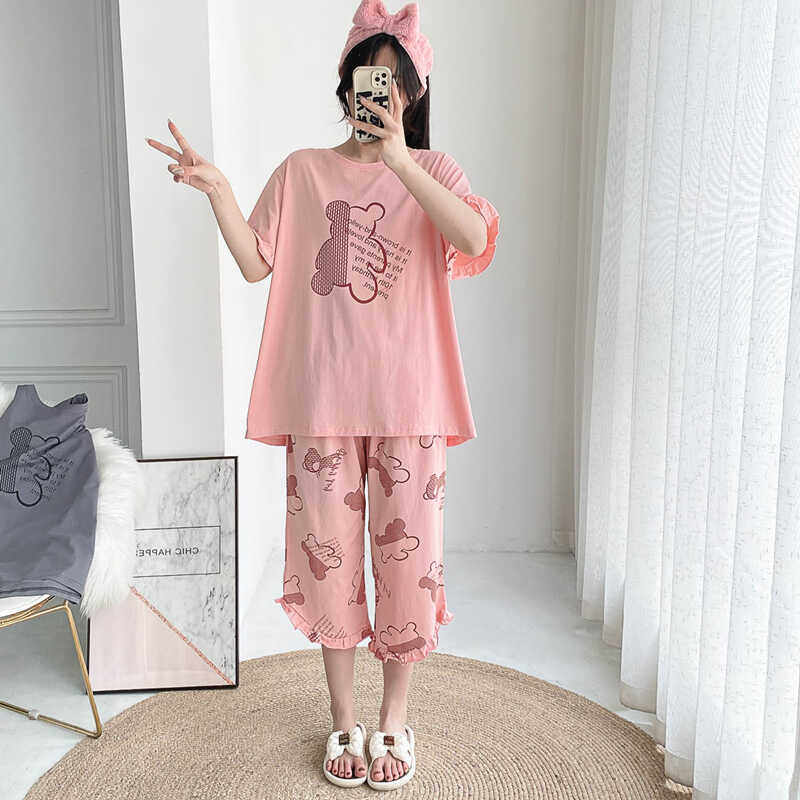 女针织棉花边七分裤家居服睡衣