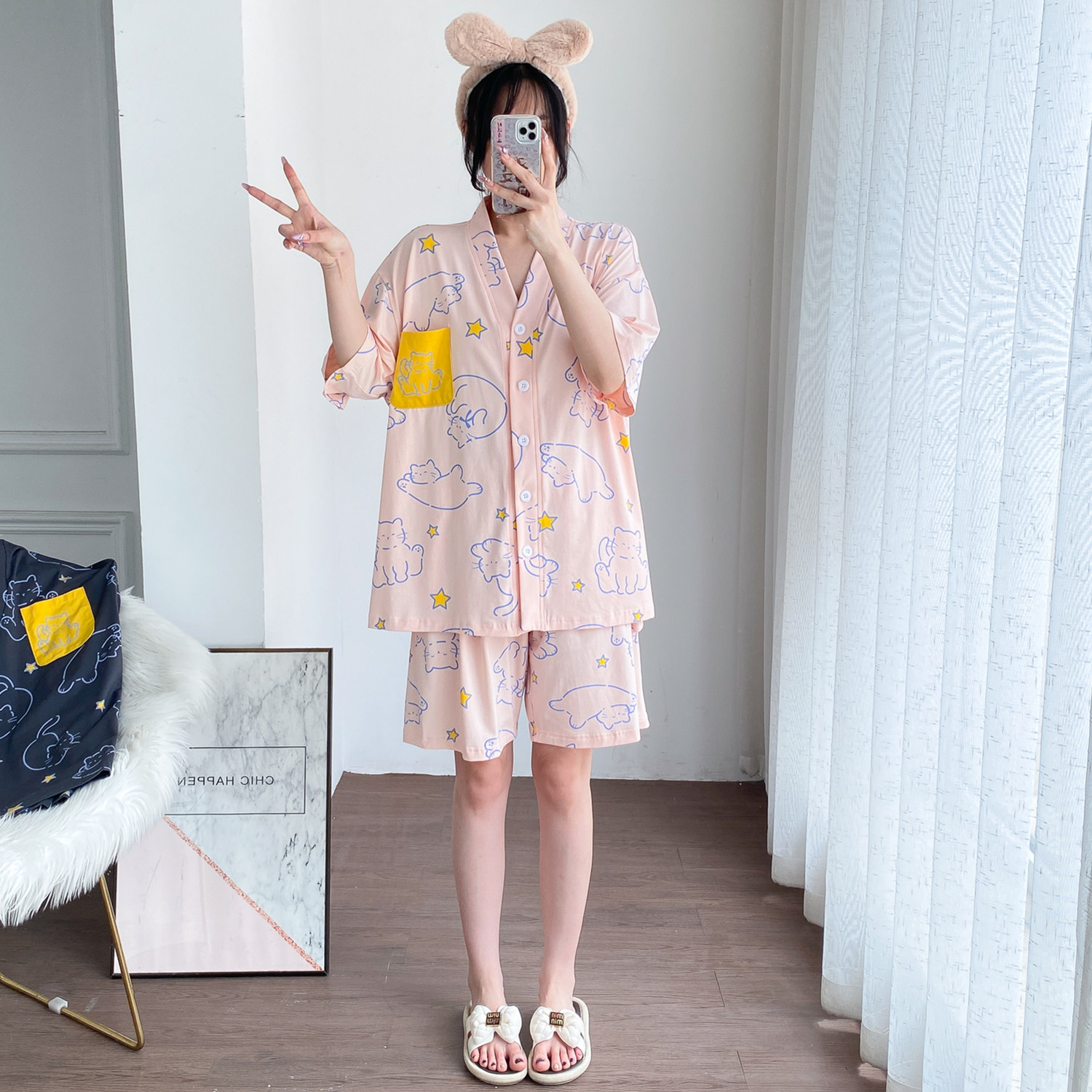 夏季纯棉V领大码女睡衣套装