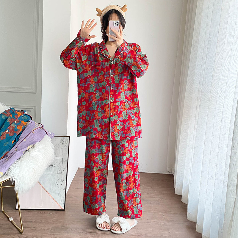 女纯棉红色家居服睡衣