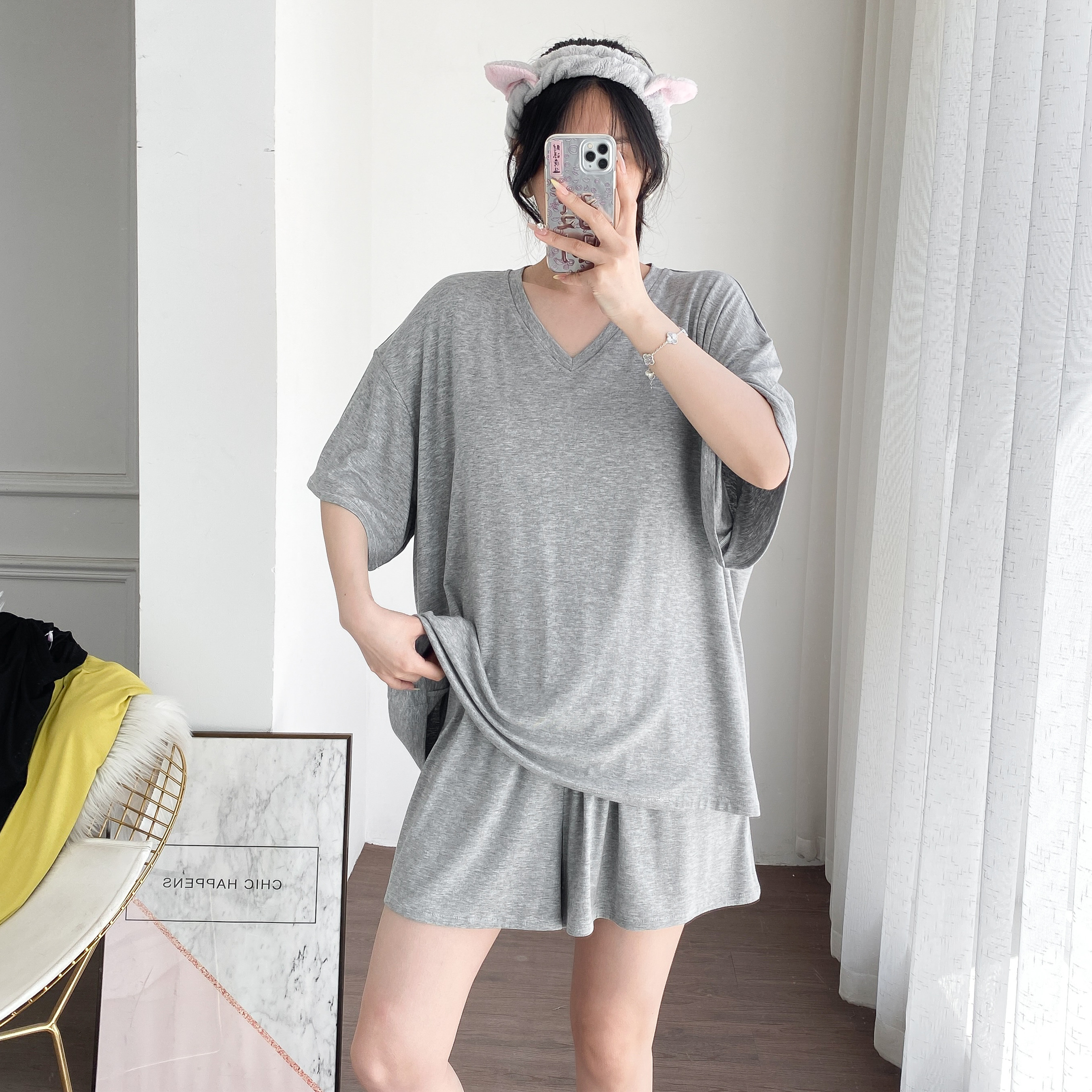 夏季莫代尔带胸垫大码女睡衣套装