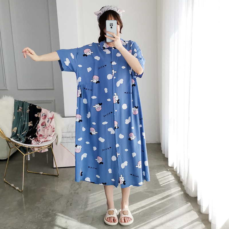 绵绸人造棉夏季卡通开衫睡裙