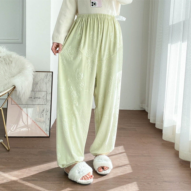 提花海岛绒高腰托腹睡裤女冬季加厚大码胖MM宽松孕妇保暖家居长裤