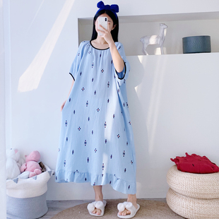 圆领纯棉双层纱布加长睡裙夏季短袖加肥大码孕妇胖MM200斤家居服