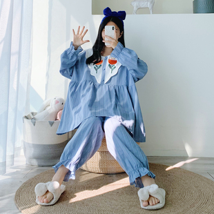 两件套春秋宽松胖mm家居服 长裤 公主风水洗梭织棉加大码 睡衣女长袖