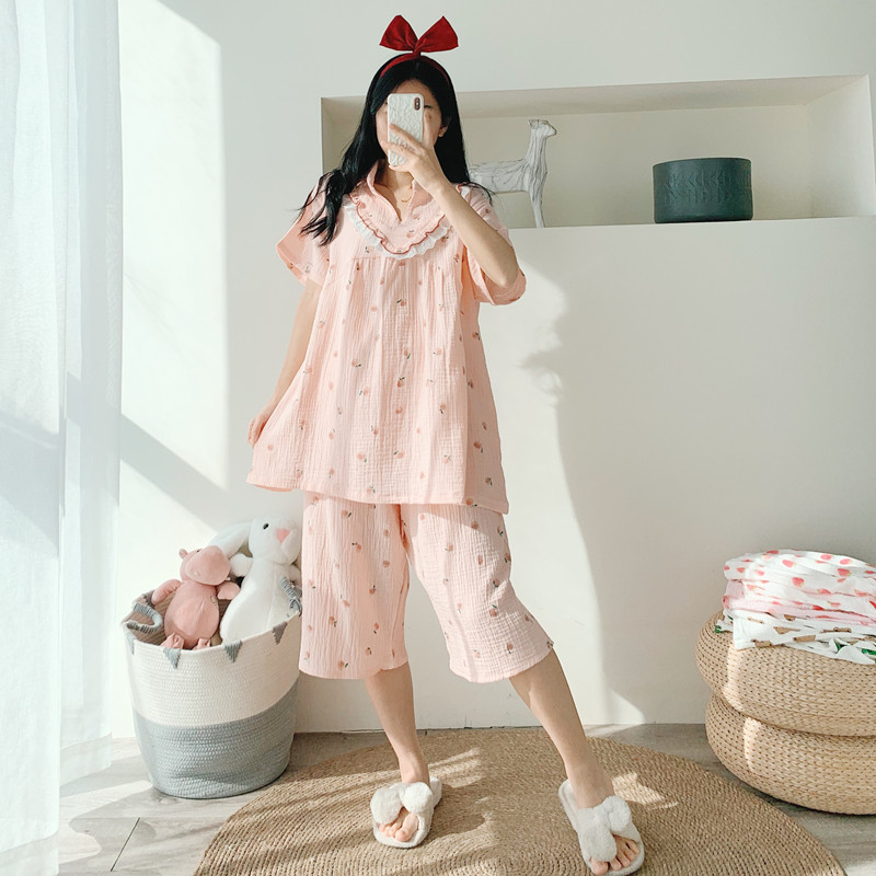 短袖七分裤草莓加大码纯棉纱布睡衣女宽松胖MM两件套200斤家居服