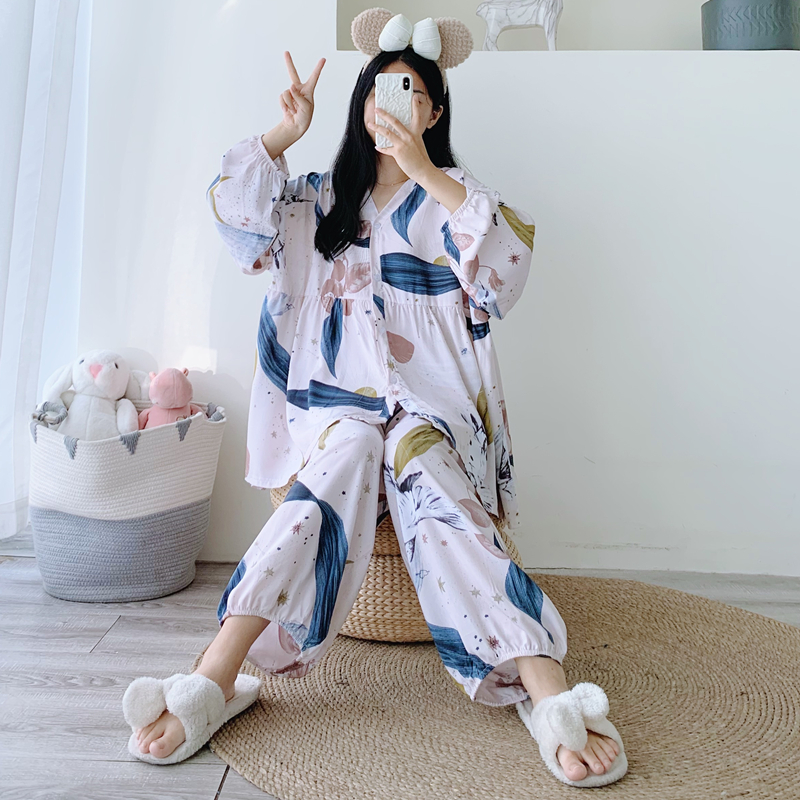 女棉绸V领开衫家居服睡衣
