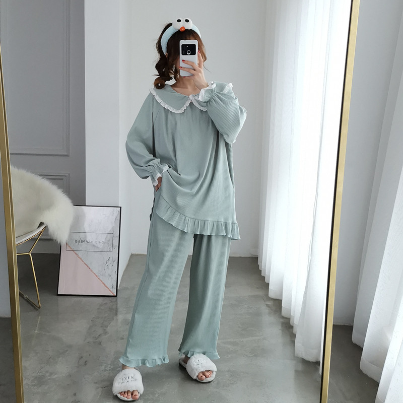 加大码针织纯棉睡衣女春秋长袖两件套宽松胖MM孕妇家居服200斤女