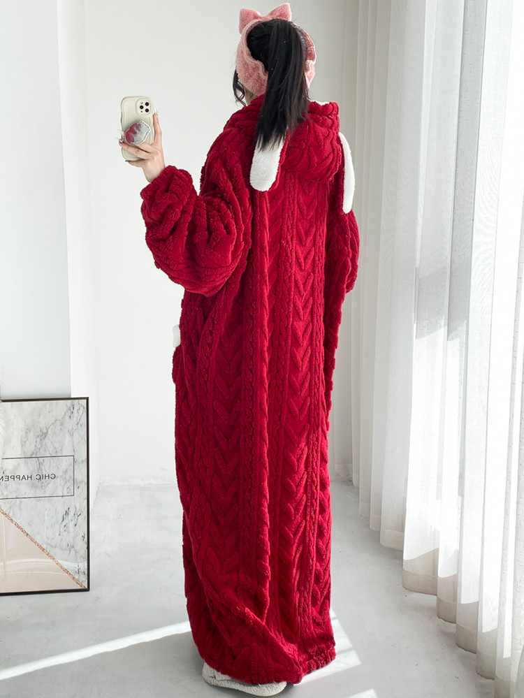 EXTRA LONG JACQUARD FLANNEL NIGHTDRESS CARDIGAN THICKENED ELONGATED NIGHTGOWN LARGE SIZE VELVET LOOSE FAT MM PAJAMAS WOMENS WINTER