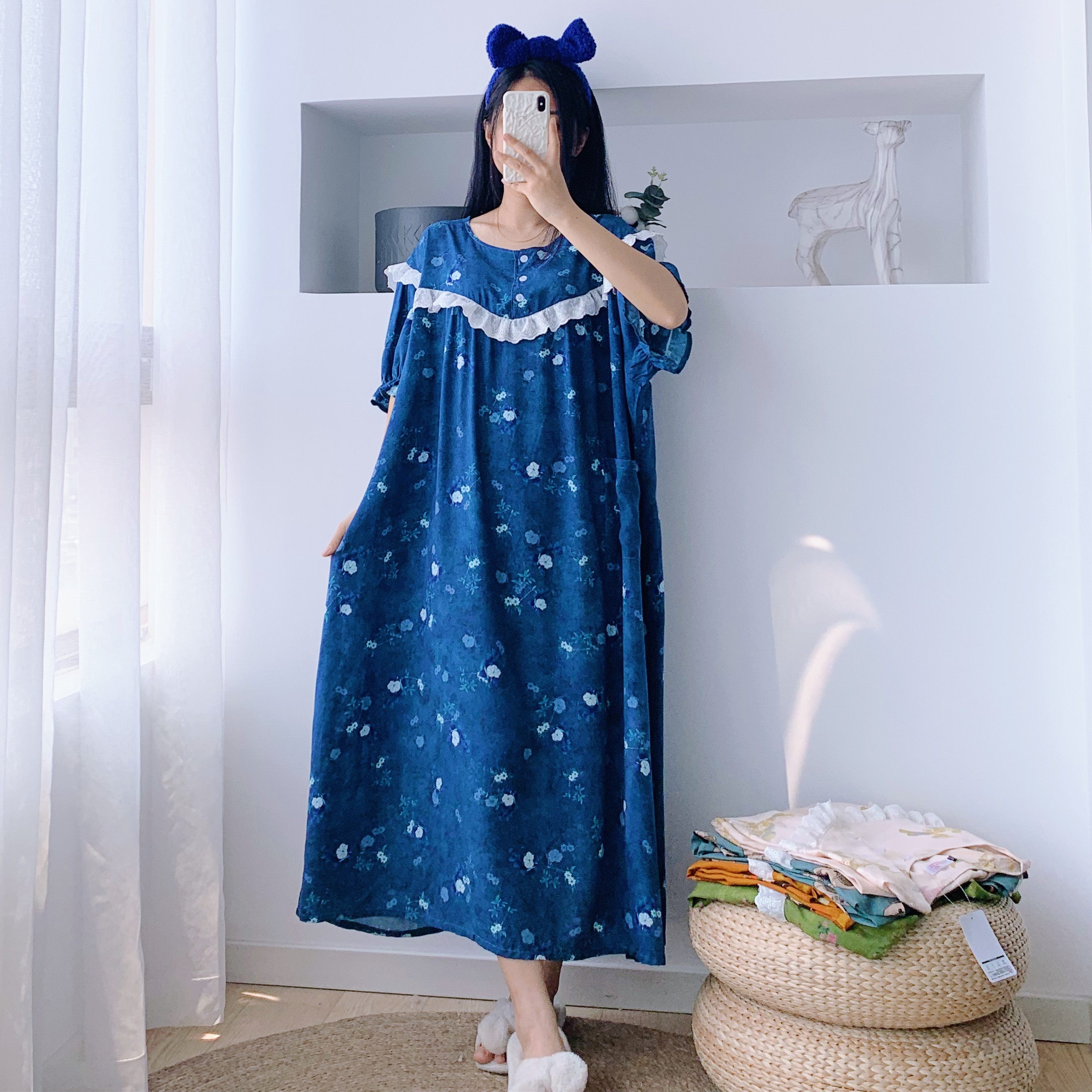 夏季绵绸人棉大码花边睡裙