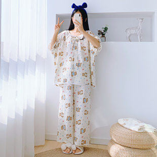 花边圆领短袖九分裤云感棉睡衣女加大码两件套简约胖mm宽松家居服