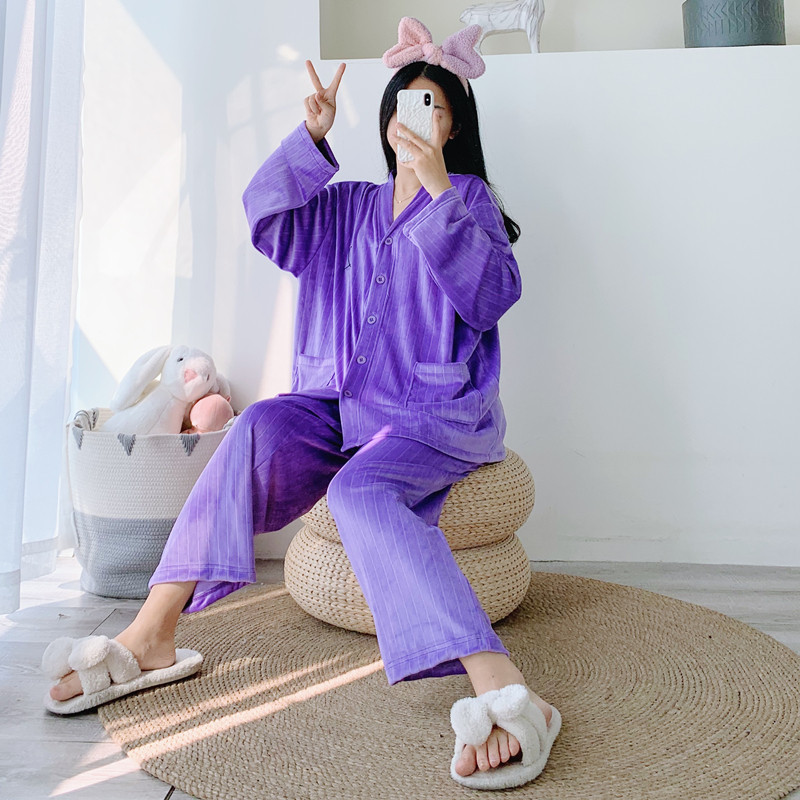 V领开衫海岛绒睡衣秋冬保暖两件套加肥大码胖mm200斤天鹅绒家居服