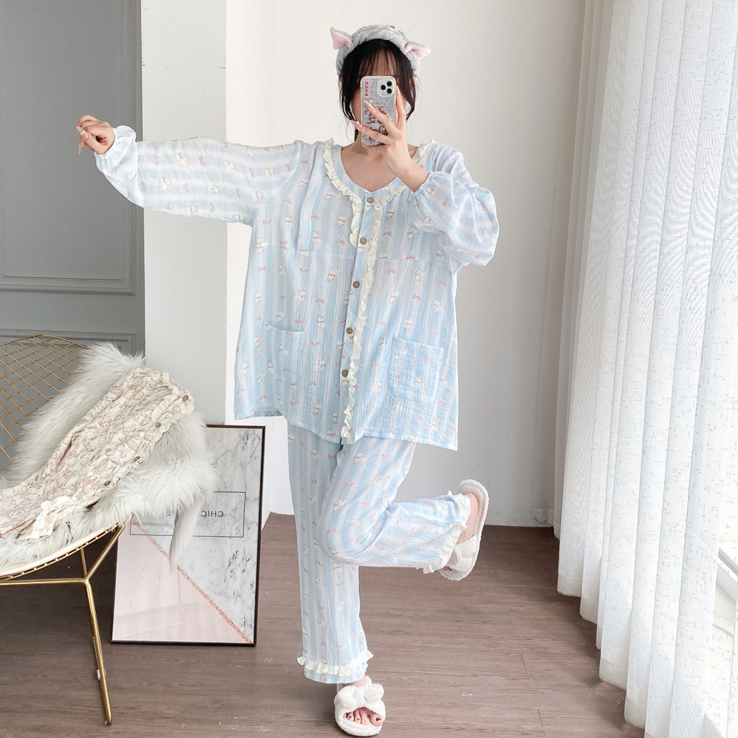 V领纯棉双层纱布哺乳月子睡衣