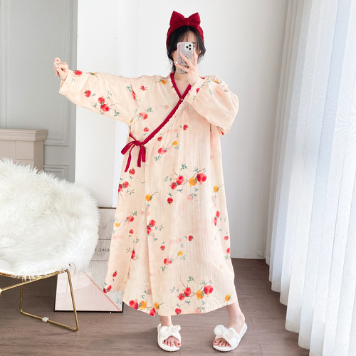 纯棉双层纱汉服加大码长袖睡裙