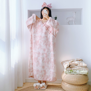 雪莉绒新中式V领加长睡裙冬季加肥大码孕妇胖mm200斤保暖加绒睡袍