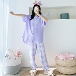纯棉纱布睡衣女宽松胖MM200斤家居服 短袖 长裤 格子开衫 清新加大码