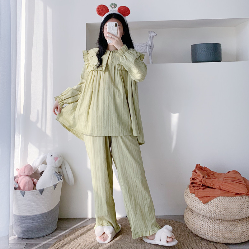 公主风水洗纯棉纱睡衣女长袖花边加大码春秋胖MM套头家居服两件套