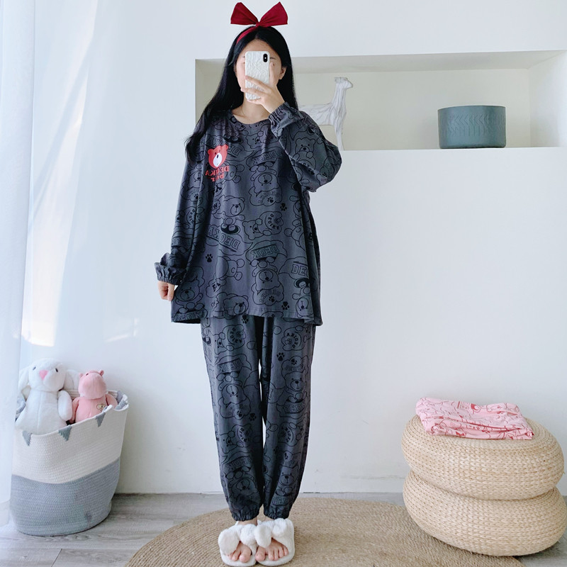 卡通情侣纯棉睡衣春秋大码长袖长裤两件套简约胖mm宽松家居服男女