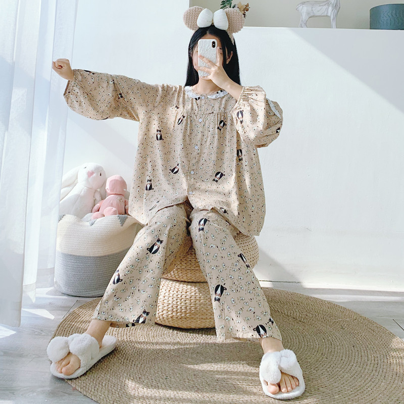 女花边绵绸长袖长裤睡衣家居服