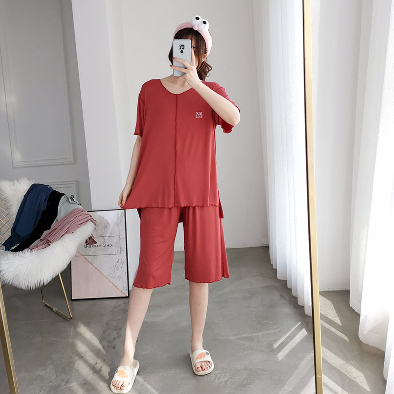 3加大码简约V领莫代尔睡衣女夏季短袖中裤套装孕妇宽松胖mm家居服