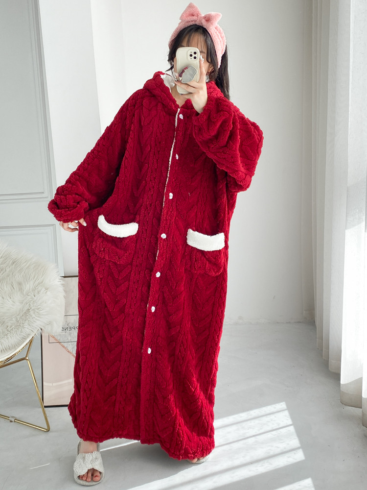 EXTRA LONG JACQUARD FLANNEL NIGHTDRESS CARDIGAN THICKENED ELONGATED NIGHTGOWN LARGE SIZE VELVET LOOSE FAT MM PAJAMAS WOMENS WINTER