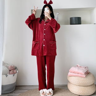 简约开衫海岛绒睡衣秋冬保暖两件套加大码胖mm200斤天鹅绒家居服