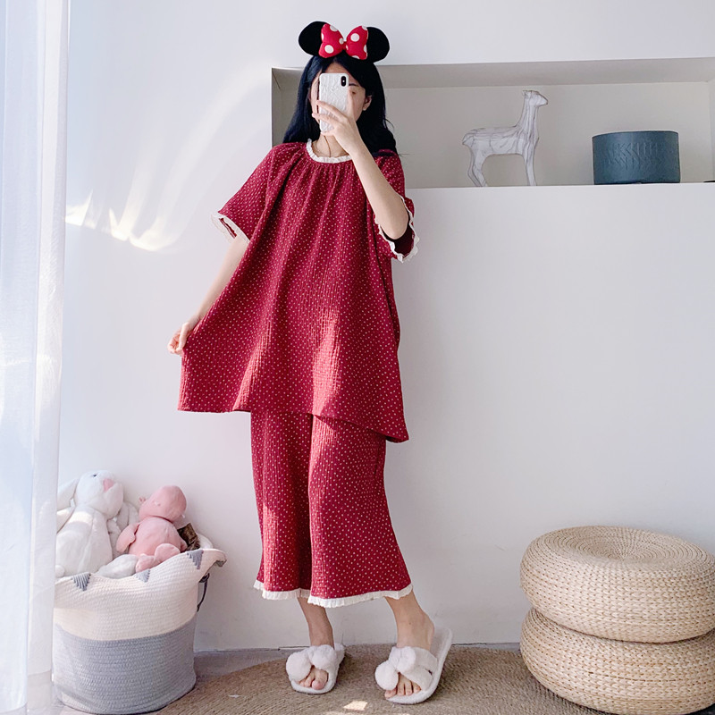 短袖七分裤花边纯棉纱布睡衣夏季加大码胖mm宽松200斤红色家居服