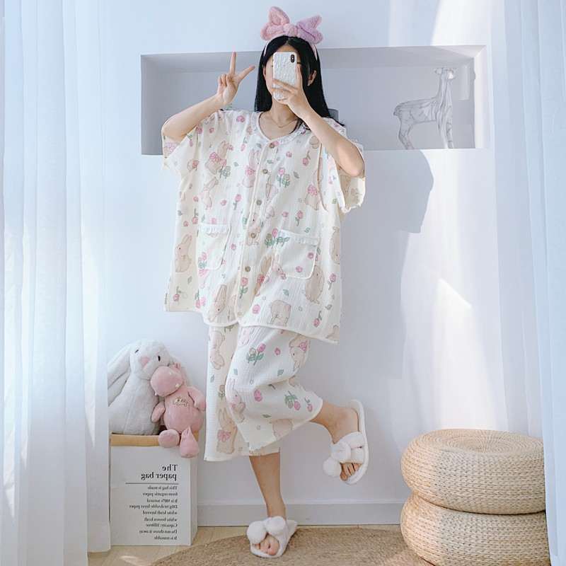 短袖七分裤花边哺乳纯棉双层纱开衫睡衣大码宽松胖MM孕产妇月子服