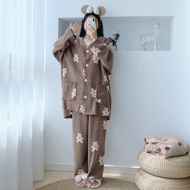 连帽V领开衫小熊睡衣套装