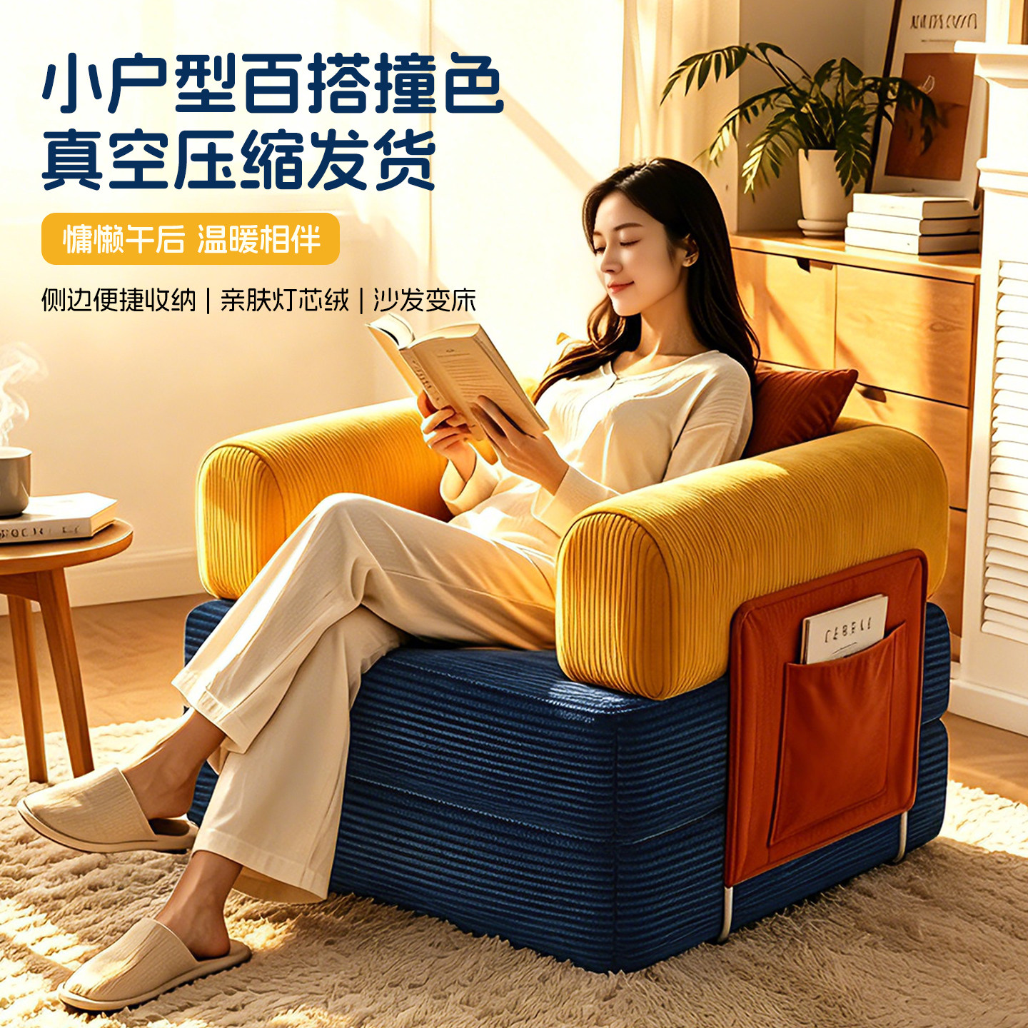 【全拆洗】真空压缩可躺布艺拼色沙发床灯芯绒模块午休单人小沙发