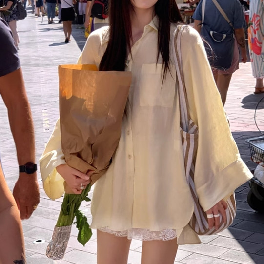 全汉麻衬衫宽松落肩大袖口衬衣女夏休闲风微褶皱长袖上衣