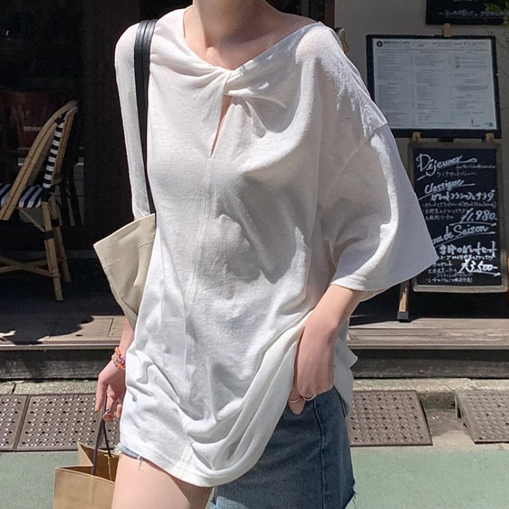 亚麻棉扭结前后两穿设计感短袖T恤女夏松弛感轻薄露肩上衣