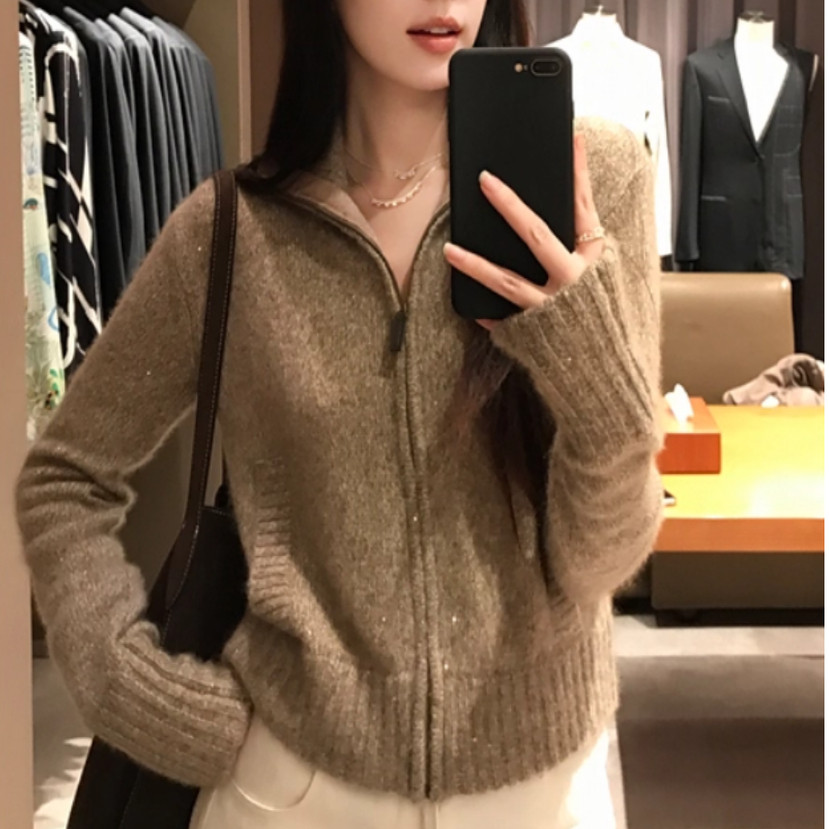 阿拉善羊绒羊毛桑蚕丝花式纱细闪针织拉链开衫女翻领上衣