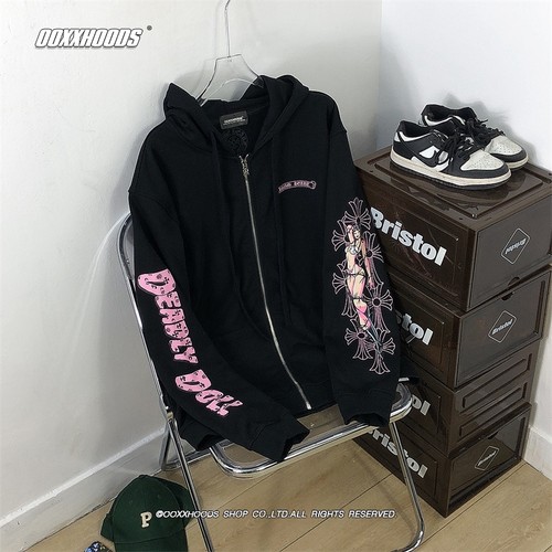 欧美嘻哈说唱辣妹镂空十字架卫衣粉色花臂个性街头潮潮连帽衫外套