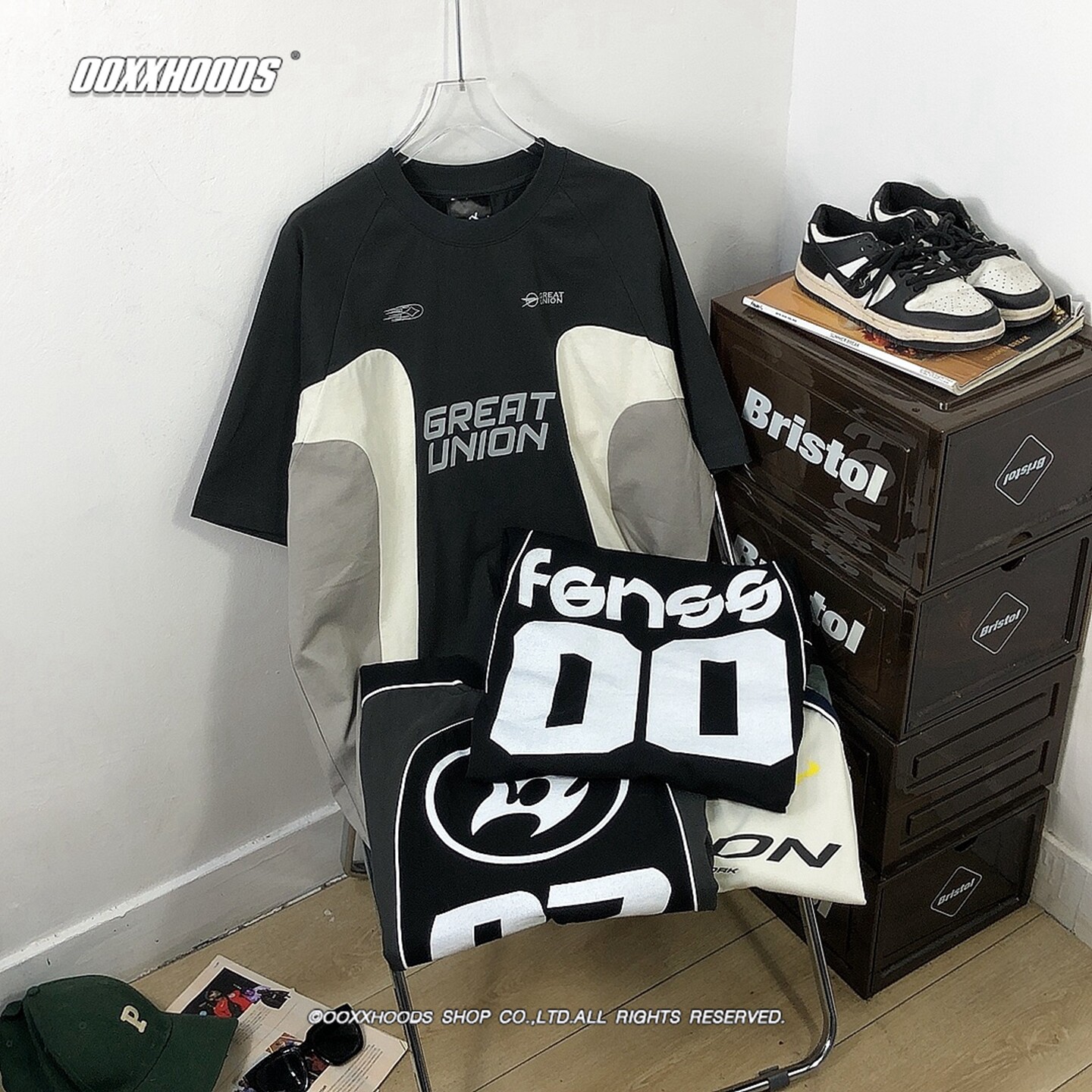 个性街头机能运动球服拼料撞色时尚宽松oversize男装短袖T恤波衫
