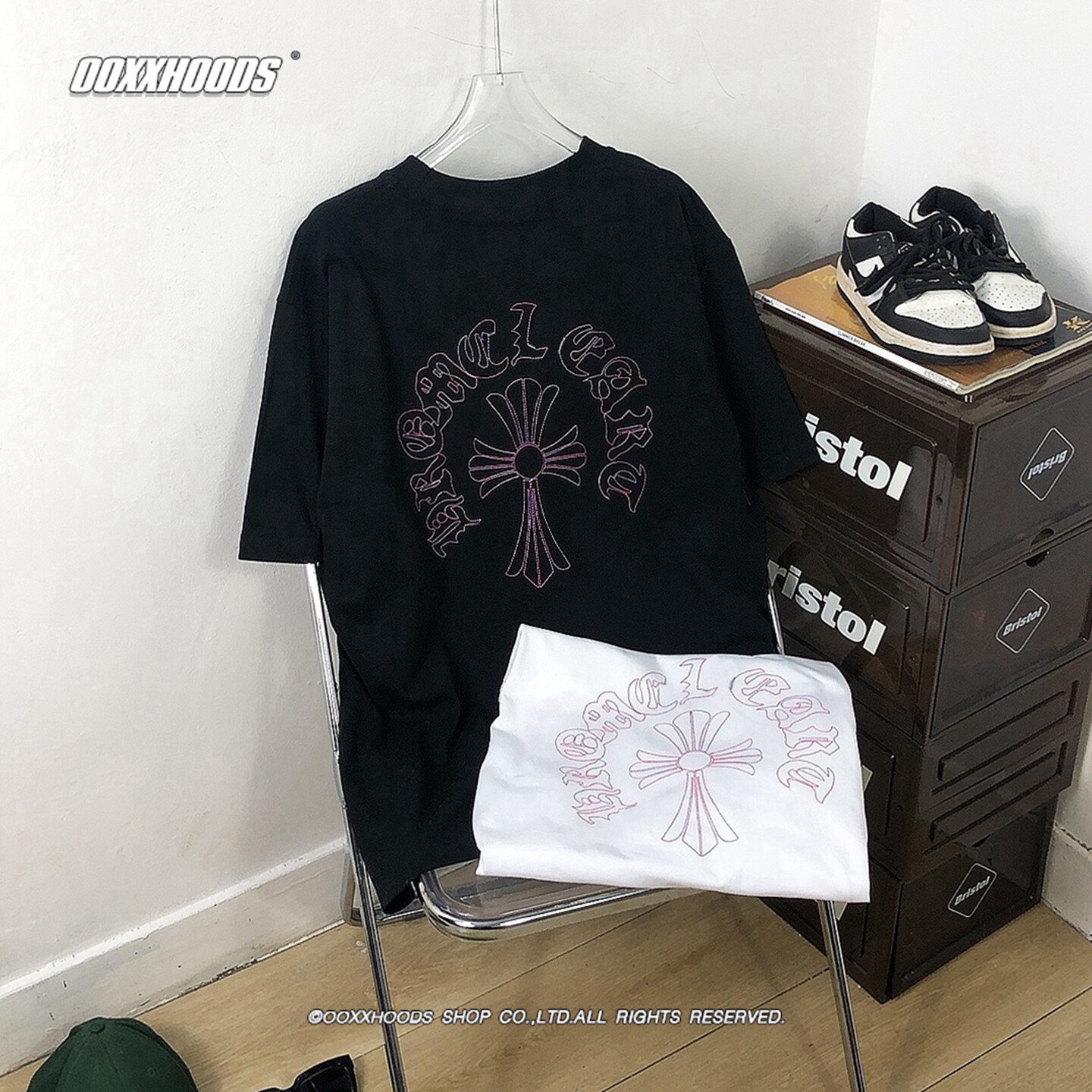 玫红紫色线条刺绣潮流十字架男女宽松个性街拍休闲ins上衣短袖T恤
