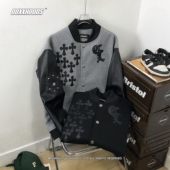 万针刺绣贴皮十字架金属纽扣拉了毛呢子pu皮袖 男式 潮牌棒球服夹克