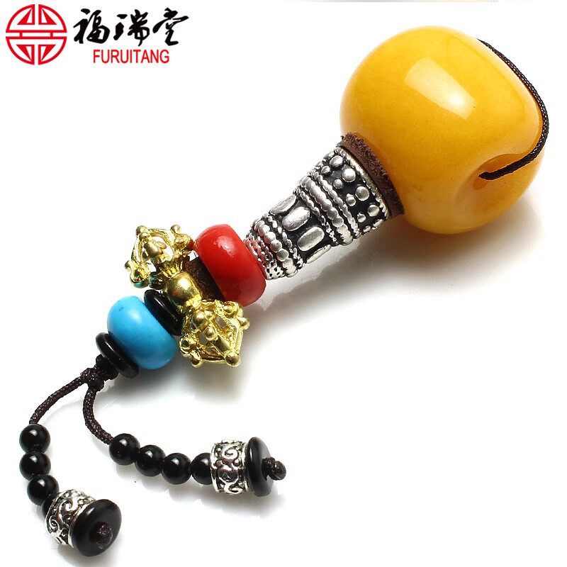 藏式仿蜜蜡鸡油黄手串佛珠三通佛头白铜佛塔文玩星月金刚菩提配饰