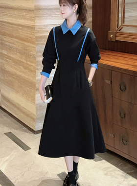 新款牛仔假两件翻领黑色高级感秋冬连衣裙女2025显瘦气质休闲长裙