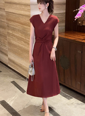 2025年新款轻奢气质棉麻时尚长款法式夏季开叉收腰显瘦V领连衣裙