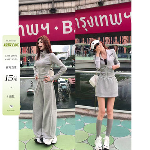 李婉君独家原创灰调翻领短款 外套阔腿休闲裤 a字摆短裙套装 女 长袖